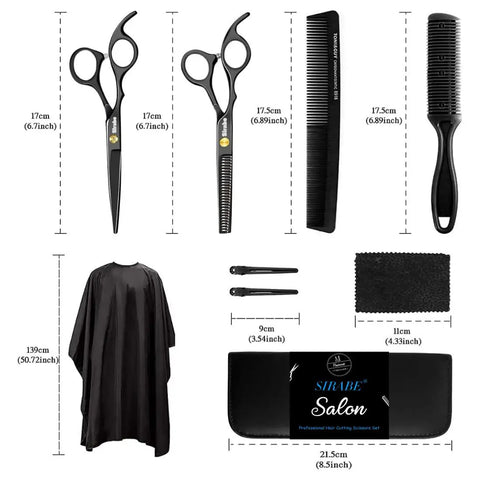 Pro Hair Cutting Scissors Set For Barbers And Salons, 10 Piece Kit With scissors, comb, cape, clips, and case displayed