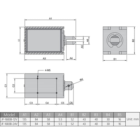 24V 80N Push Pull Solenoid Electromagnet Open Frame Linear Actuator With 20mm Stroke Spring Return Plunger Low Friction Design 10A Current Everyday Workhorse Magnetic Actuator JF 1683B 24V, dimensioned drawing