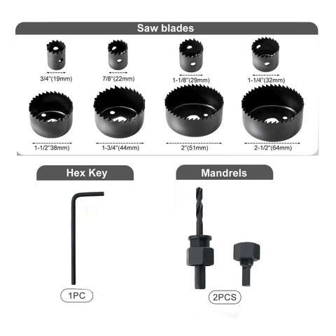 Amazon 11-piece hole saw kit with 3/4–2-1/2 in blades, mandrels, drill bits and hex key in black storage box