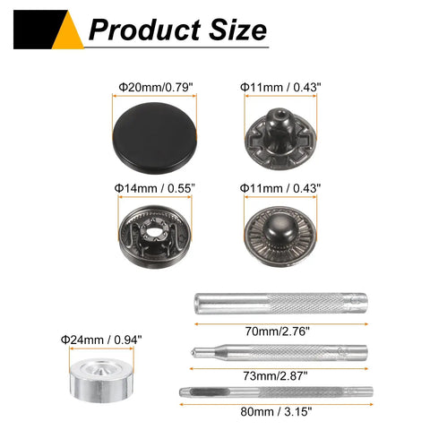 24 Piece Leather Snap Fastener Kit Matte Black 20mm Brass Press Stud Buttons With 4 Install Tools For Coats Bags Leather Marine Canvas DIY Friendly Heavy Duty Set showing product size and tools
