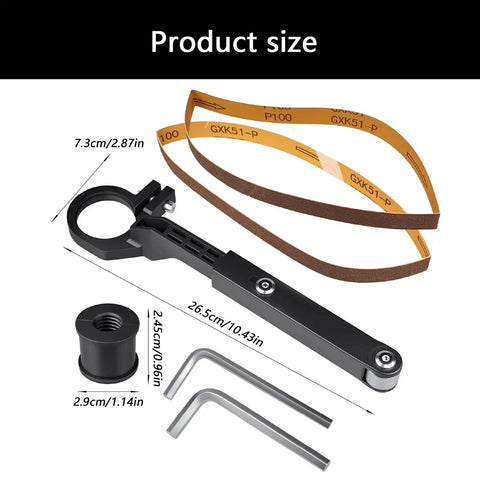 Upgrade Any Angle Grinder To A Belt Sander Instantly accessory kit, includes conversion attachment, sanding belts, and tools, 265x73mm.