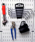 52-Piece Heavy-Duty Metal Hook Assortment For Slotted Pegboard Only, showing tools organized on black steel tool board hooks.