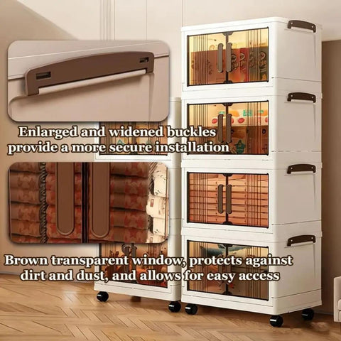 Detail of Big League Stackable Storage Bins with Secure Lids, showcasing secure buckles and transparent windows for easy access.