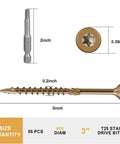 3 Inch Deck Screws For Outdoor Wood With Golden Brown Epoxy Coating Rust Resistant Exterior Decking Screws Size 10 By 3 Inch Torx Star Drive Head T25 Bit Included 55 Pcs 1 Lb shown with measurements and T25 bit