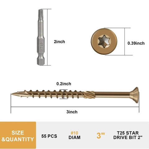 3 Inch Deck Screws For Outdoor Wood With Golden Brown Epoxy Coating Rust Resistant Exterior Decking Screws Size 10 By 3 Inch Torx Star Drive Head T25 Bit Included 55 Pcs 1 Lb shown with measurements and T25 bit