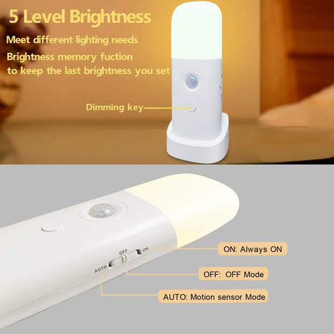Cordless Motion Sensor Light Indoor Dimmable LED Night Light With 2000mAh Rechargeable Battery showing 5 level brightness
