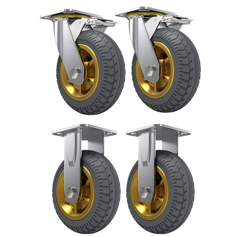 8 Inch Industrial Casters With Quiet Wear Resistant Rubber Wheels And 360 Degree Bearing For Flatbed Trolleys Steel Frame Beefed Up Thickened Design Two Universal And Two Fixed Orientation Smooth Rolling Heavy Duty Mobility, showing two universal swivel and two fixed casters