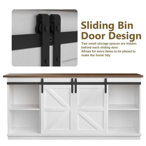 65 Inch TV Stand With Storage Cabinets And Sliding Barn Doors In Bright White Dope Farmhouse Style Entertainment Console