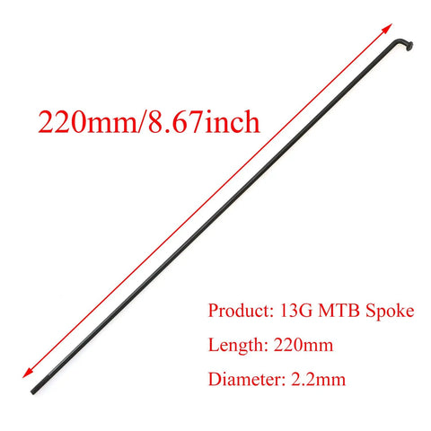 220mm 13G MTB spoke with measurements, part of 12 Pack 220mm Two Point Two Millimeter 13G Stainless Steel MTB Road Bike Spokes With Nipples And Copper Cap Built To Last Wheel Build Kit For True Tension And Smooth Rides.