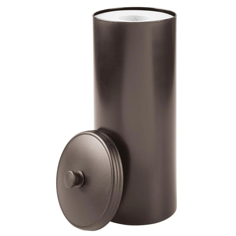 Freestanding Bronze Toilet Paper Holder With Lid For Three Extra Rolls Slim Modern Bathroom Storage Stand That Keeps Spare Rolls Neatly Hidden Under A Decorative Knob.