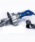 Portable Steel Bar Bending Machine With Electric Hydraulic System For Fast Rebar Cutting, blue handle, hydraulic clamp, electric motor.