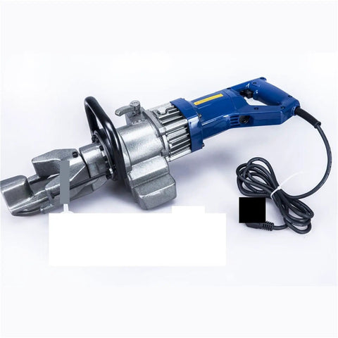 Portable Steel Bar Bending Machine With Electric Hydraulic System For Fast Rebar Cutting, blue handle, hydraulic clamp, electric motor.