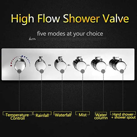 High Flow Shower Valve with temperature control and five modes, stainless steel finish for modern bathroom upgrades for ultimate comfort.