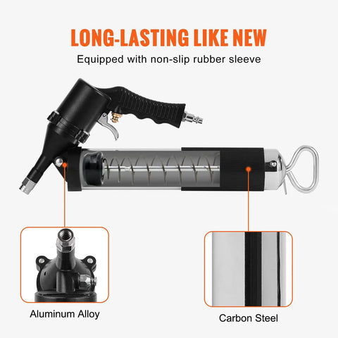 6000 PSI Air Powered Grease Gun For Heavy Duty Lubrication showing aluminum alloy and carbon steel details