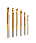 Six Piece M35 Cobalt Drill Bit Set Featuring 135 Degree Split Point And Fully Ground High Speed Steel Heavy Duty Metal Bits For Stainless Steel Cast Iron Wood Aluminum That Tackle Tough Jobs Without Breaking A Sweat, showcasing six bits in varying sizes.