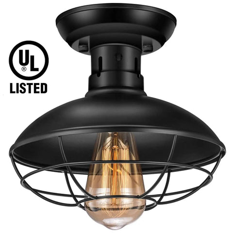 Farmhouse Flush Mount Ceiling Light Fixture With Industrial Metal Black Cage Rustic Style Close To Ceiling Lighting UL Listed