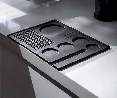 No Fuss Pvc Espresso Tamping Mat And Bar Drip Tray For Straight Up Counter Guard With Stick Tight Non Slip Coffee Distribution Pad Easy Clean Black Single Piece on countertop.