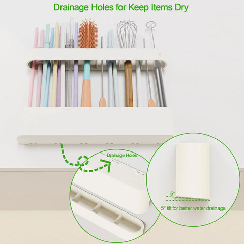 Slick Silicone Straw Holder For Cabinet Door Sturdy Reusable Straw Organizer And Dispenser Bpa Free Kitchen Storage Rack with drainage holes showing water tilt.
