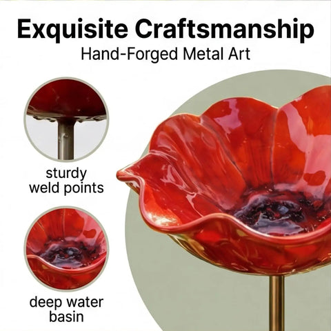 Close-up of red Metal Flower Garden Stake With Bee Bath And Bird Water Bowl showing hand-forged craftsmanship and sturdy welds.