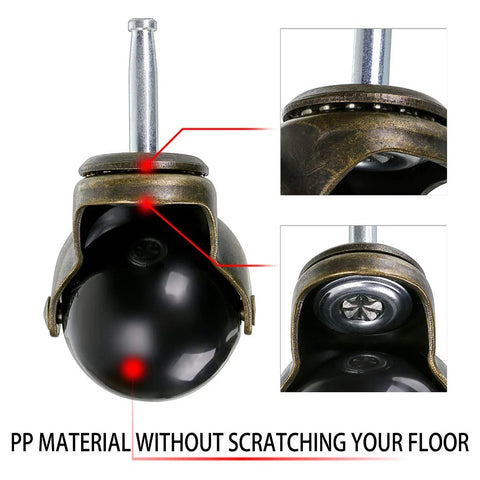 Close-up of Four Pack 2 Inch Stem Casters With Antique Ball Wheel And Insert Sockets For Sofas, Chairs, And Cabinets Replacement Mounting