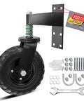 Heavy Duty 8 Inch Gate Wheel With 600 Lbs Capacity Spring Loaded 360 Degree Swivel All Terrain Gate Support For Metal Tube And Wooden Gates Includes U Bolts And Tools All Black, shown with U bolts, nuts, and spanner