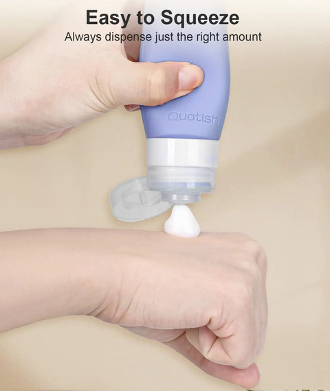 Leakproof Travel Bottles 6 Pack, 3 Oz TSA Approved, squeezing lotion on hand, demonstrating easy dispensing.