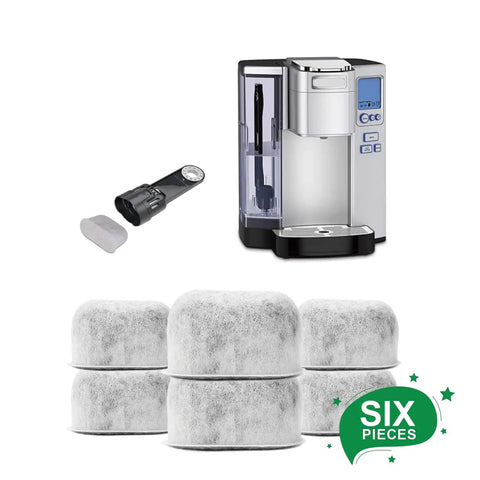 Six Pack Charcoal Water Filters For Keurig Brewers shown with Keurig machine and filter housing
