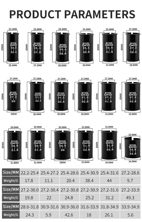 Diagram showing product parameters for seat post adapter shim in various sizes and weights, labeled with measurements and weights.