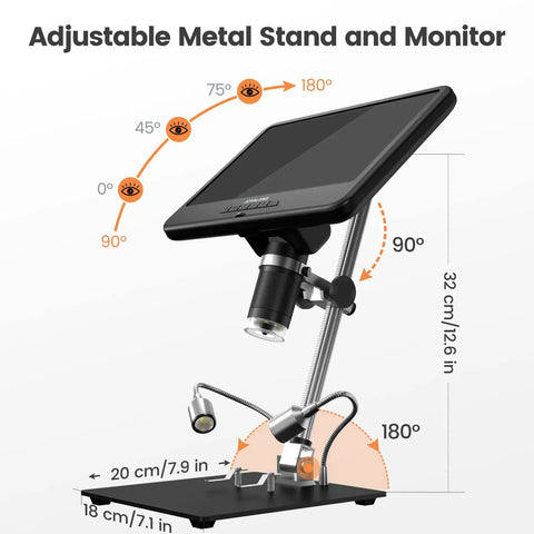 10.1 Inch Digital Microscope For Adults With 1080p Video And 12MP Imaging, 8 LED Illumination, Coin Magnifier For Error Coins, Soldering Electronics Microscope, Metal Stand, PC View, 32GB Storage, adjustable metal stand and monitor