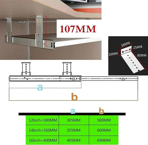 Telescopic Drawer Slides For Keyboard Tray Under Desk, All Metal Ball Bearing Sliding Rails, measurements and diagram