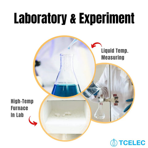 Laboratory and experiment setup showing liquid temperature measuring and high-temp furnace in lab environment.