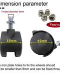 4-pack black omni-directional caster wheels; front view with 8mm threaded stems and nuts, 40mm wheel diameter