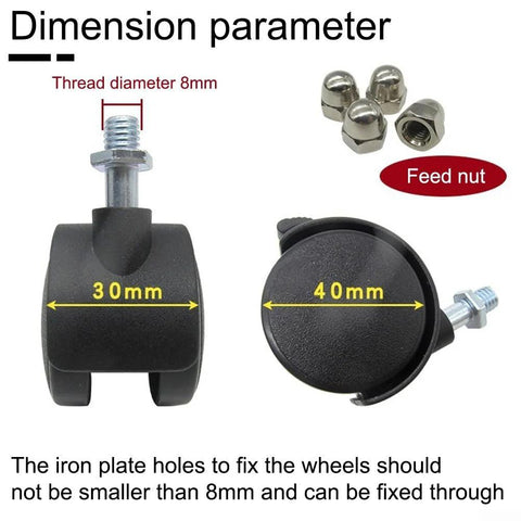 4-pack black omni-directional caster wheels; front view with 8mm threaded stems and nuts, 40mm wheel diameter