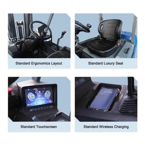 Heavy Duty Electric Forklift with LED Light ergonomic layout, luxury seat, touchscreen, wireless charging for all day performance
