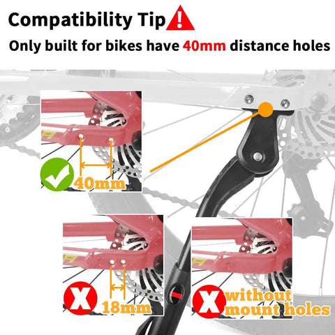 Diagram showing installation of Rear Mount Bike Kickstand Built Tough With Adjustable Aluminum Alloy Fits 24 To 29 Inch Electric And Mountain Bikes 40mm Hole Spacing Heavy Duty Stand For Adults Easy Install Sturdy Long Lasting Kickstand For Daily Rides with 40mm hole spacing and compatibility tips.