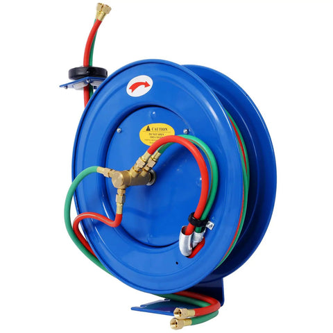 Retractable Welding Hose Reel With One Quarter Inch By 50 Foot Twin Oxygen Acetylene Hoses Heavy Duty Industrial Steel Build