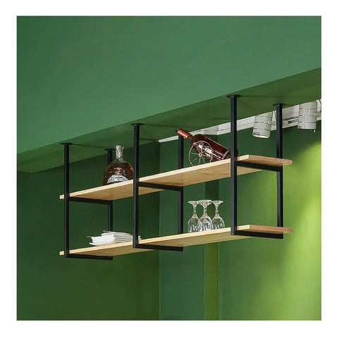 Solid Wood Ceiling Shelf Bracket With Iron Floating Shelf displaying wine bottles and glasses in a home bar setting.