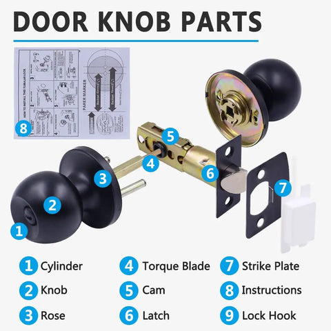 Matte Black Privacy Door Knobs Set 8 Pack With Turn Button Lock And Emergency Coin Unlock parts diagram