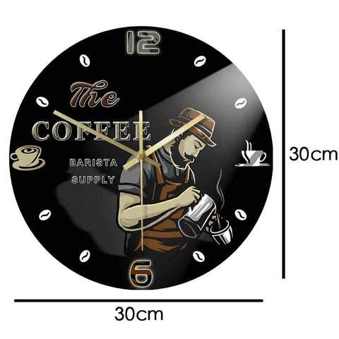 Barista Coffee Wall Clock 12 Inch Acrylic Print Battery Operated Silent Quartz Timepiece For Cafe Shop Decor Gift