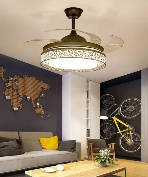 42 Inch Modern Ceiling Fan With Light And Retractable Blades, LED Chandelier Style in a contemporary living room setting