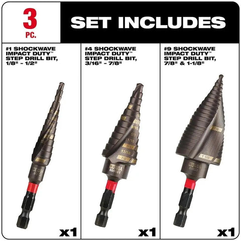 Top Tier Titanium Step Drill Bit Kit For Milwaukee Impact Drivers Rapid Strike Tip Fast Holes Up To 3 Pieces Heavy Duty Metal Working Gear, 3-piece set