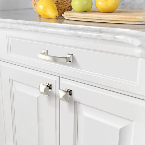 Dope Matte Black 25 Pack 5 Inch 128mm Hole Centers Kitchen Cabinet Pulls installed on white cabinet