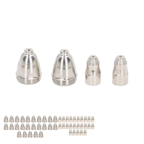 Premium Copper Plasma Cutting Torch Consumable Kit Includes 50 Pieces Nozzle And Electrode Parts For Routine Welding Jobs With 1.5mm Precision Design Built, displaying multiple nozzles and electrodes.