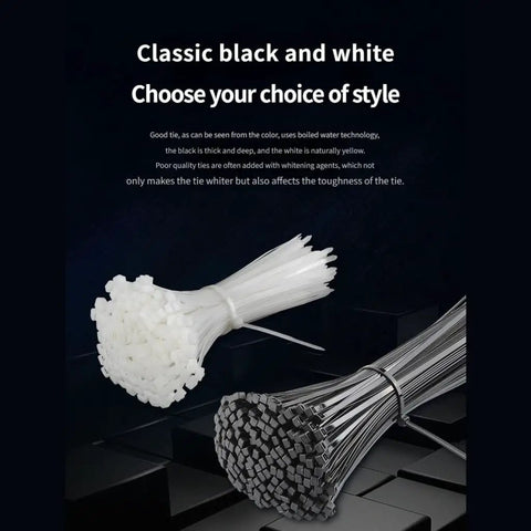 Heavy Duty Cable Ties For Quick Cord Cleanup And Wire Harness Organization PA66 Nylon Bundle Straps in black and white colors.
