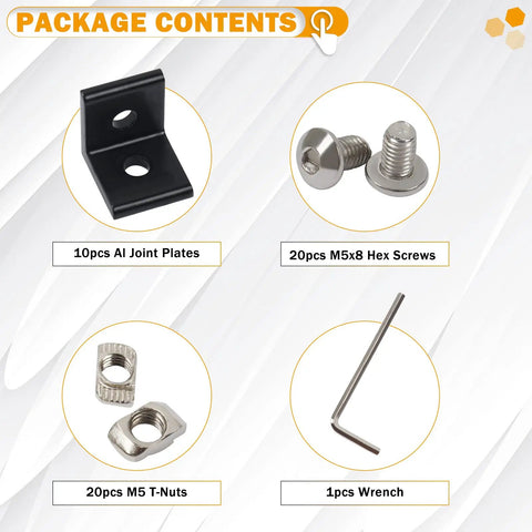 Package contents of Ten Pack 2020 Series 2 Hole 90 Degree Inside Corner Bracket Kit showing plates, screws, nuts, and wrench