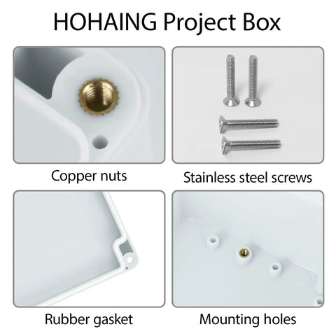 Hella Weatherproof Plastic Project Box With Ip65 Waterproof Grade For Diy Electronics And Pcb Mounting Solid Build Electrical Enclosure In Gray White 2 Pack Bundle, showing copper nuts, stainless steel screws, rubber gasket, and mounting holes.