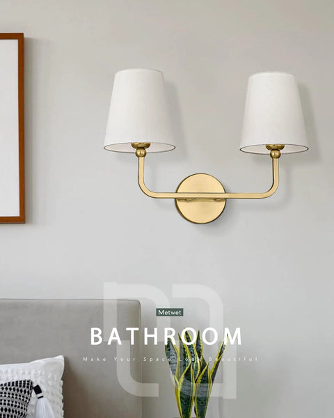 Gold Finish 2 Light Vanity Light Fixtures With Flared White Fabric Shade Modern Wall Sconces