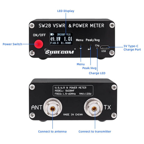 Compact RF VSWR and Power Meter 1.5 MHz to 60 MHz, 120W Mini Tester with display and ports shown