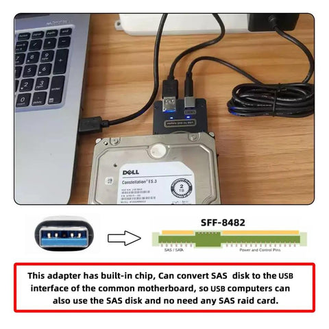 SAS To USB 3.0 Hard Drive Adapter With Built-In Chipset, 29Pin SFF-8482 To 5Gbps USB 3.0, Power Port, No RAID Card Needed, Easy Plug-And-Play Access For SAS Drives, Requires 12V/3A Power Supply, with SAS drive connected to laptop
