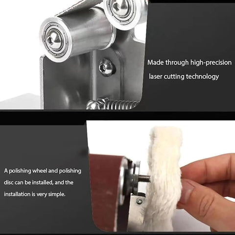 Close-up of the Mini Electric Belt Grinder showing precision metal rollers and polishing wheel for versatile DIY projects.